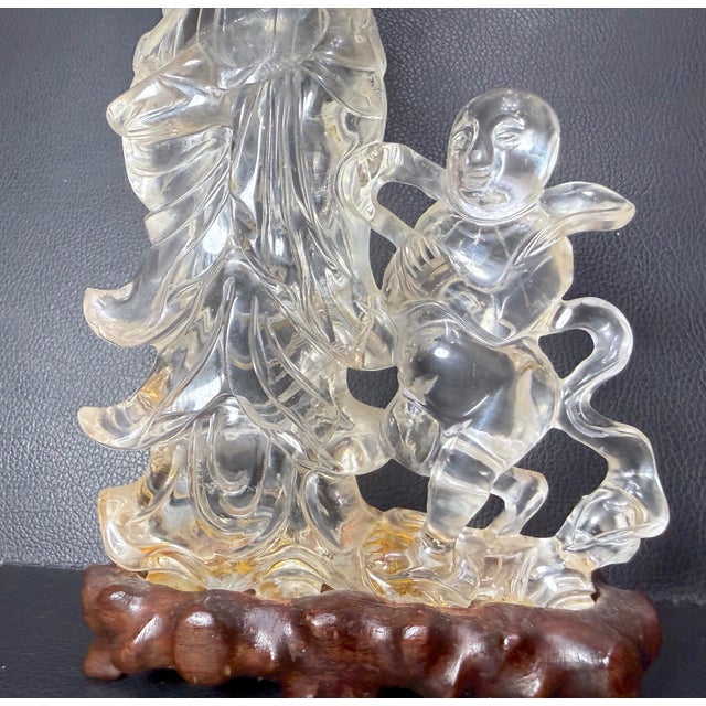 Chinese Antique Hand Carved Chinese Guan Yin Child Clear Rock Crystal Sculpture Statue For Sale - Image 3 of 17