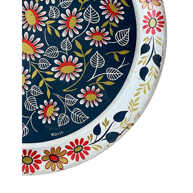 Metal Maxey Floral Metal Serving Tray, 16-Inch Round, Folk Art Style Vintage MCM Boho For Sale - Image 7 of 8