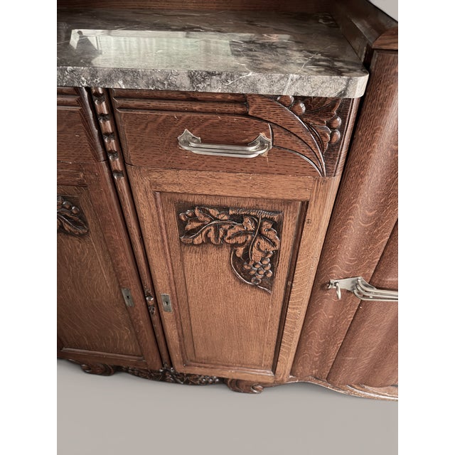 Brown Art Nouveau Buffet in Oak with Marble, Cut Glass and Floral Carvings, 1910 For Sale - Image 8 of 9