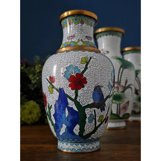 Vintage Chinese Enameled Cloisonné Vase Set For Sale - Image 14 of 18