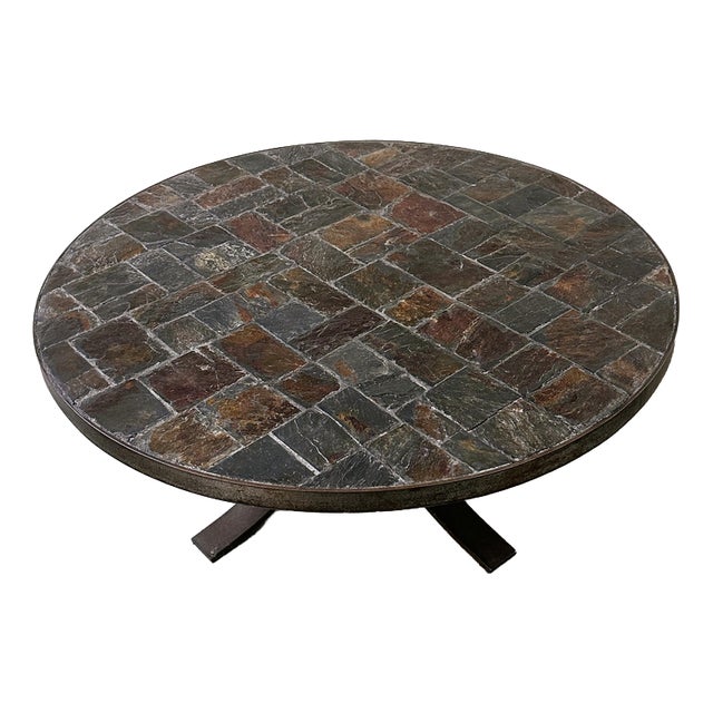 Round Slate Stone Mosaic Coffee Table with Sculptural Metal Base, 1970s For Sale