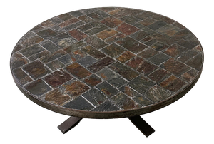 Round Slate Stone Mosaic Coffee Table with Sculptural Metal Base, 1970s