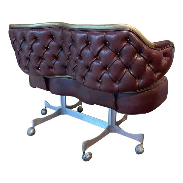 Vintage Industrial Gasser Chair Co. Rolling Settee in Burgundy Faux Leather For Sale
