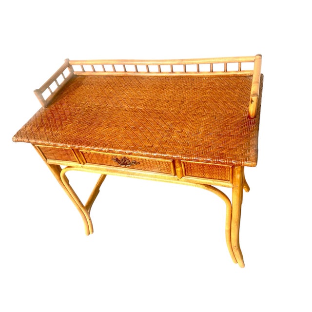 1950s 1950s MCM Natural Rattan Bamboo Writing Desk Table & Chair Set For Sale - Image 5 of 7