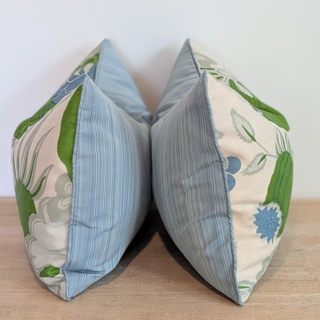 Transitional Christopher Farr Cloth Carnival Print Linen 14x20" Lumbars in Blue & Green With Blue Cord - Pair For Sale - Image 3 of 7