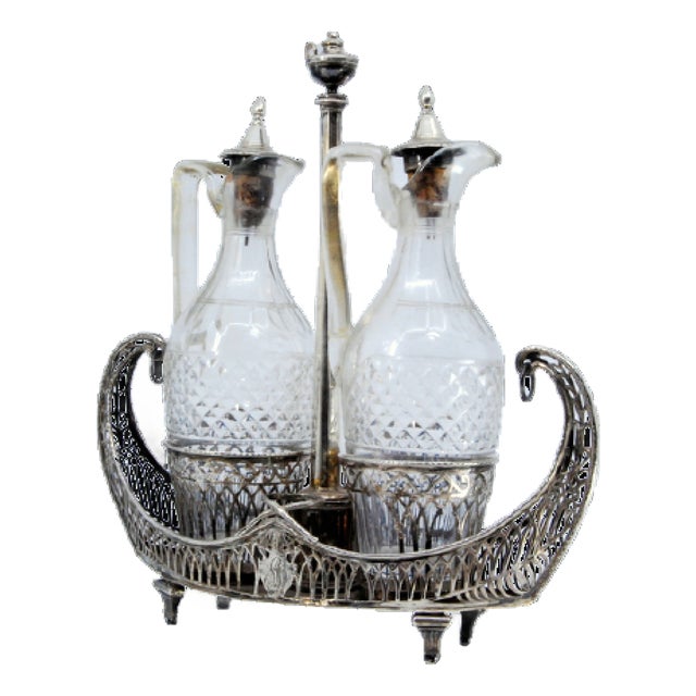 Cruet with Silver Structure Cut Into the Shape of Nave with Two Cut Glass Cruets on Four Raised Feet and Silver Lid Support For Sale