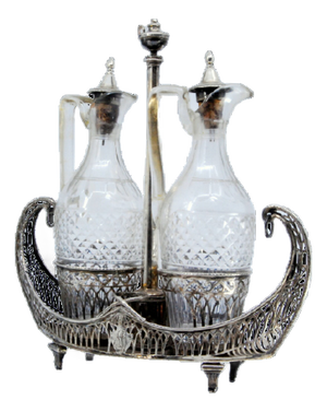 Cruet with Silver Structure Cut Into the Shape of Nave with Two Cut Glass Cruets on Four Raised Feet and Silver Lid Support