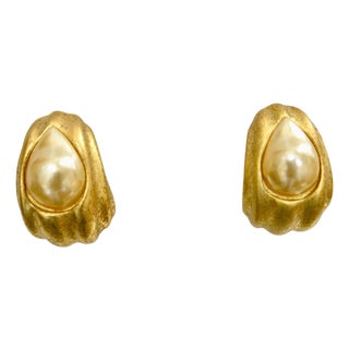 1980s Stunning Baroque Glass Pearl Brushed Gold- Plated Earrings, 2 Pieces For Sale