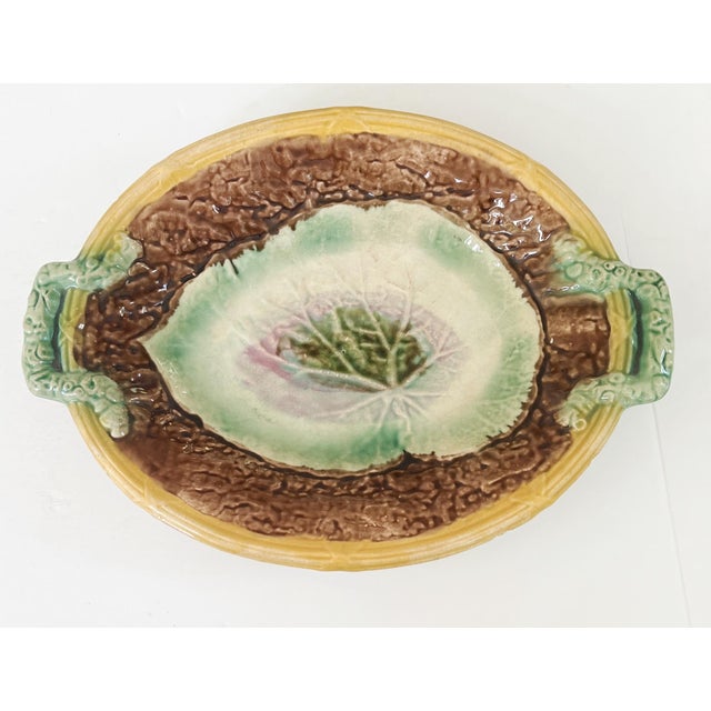 Antique 19th C Majolica Begonia Leaf and Faux Bois Platter c1880s. Lovely majolica tray for your collection, with Kelly...