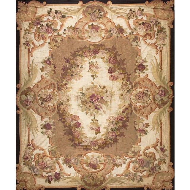 1870s Brown Floral Medallion Antique French Aubusson Napoleon III Carpet 11' X 13' 7" Flatweave Wool Rug For Sale - Image 9 of 9
