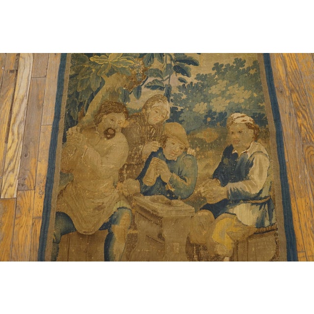 1650s Green Figural Scene Flemish Tourani Tapestry Rug 2'9" X 7' Flatweave Wook Silk Carpet For Sale In New York - Image 6 of 6