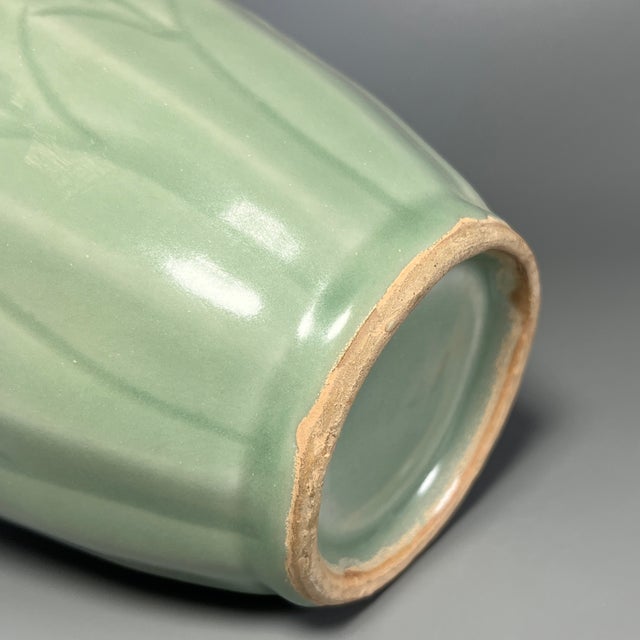 Antique Chinese Celadon Four‑Handle Vase With Carved Lotus Petals, Collectible Antique For Sale - Image 6 of 6