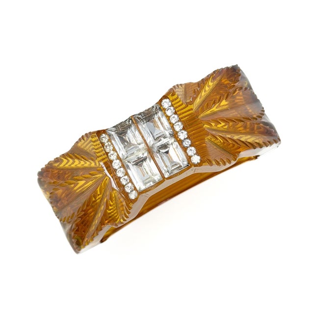 Vintage Art Deco Carved Bakelite and Paste Hinged Cuff, 1930s For Sale - Image 12 of 14
