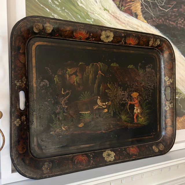 English Antique English Toleware Tray With Tiger and Hunter For Sale - Image 3 of 9
