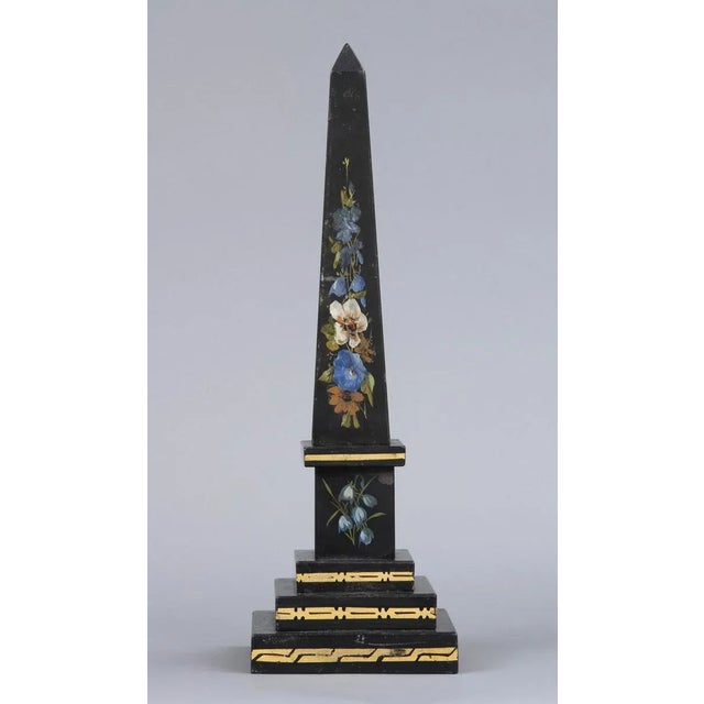 Italian Grand Tour painted and gilded marble and slate obelisk, the upper section is decorated with blue and white...