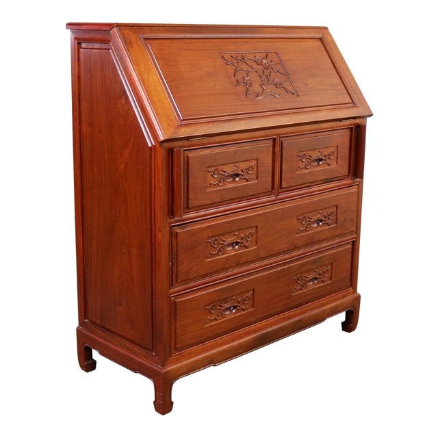 Asian Teak Hand Carved Drop Front Compartmentalized Desk Style of George Zee For Sale