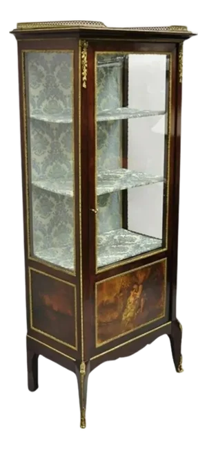 Antique French Louis XV Style Bronze Mount Hand Painted Curio Display Cabinet