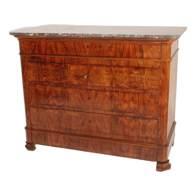 Antique Louis Philippe Style Burl Walnut Chest of Drawers With Marble Top For Sale