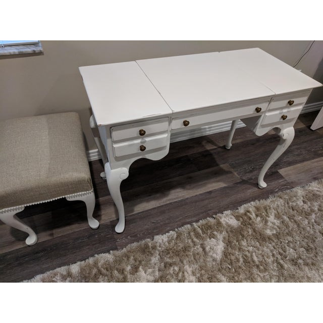 1940s French Country Makeup Vanity Desk With Pearl Accented Chair