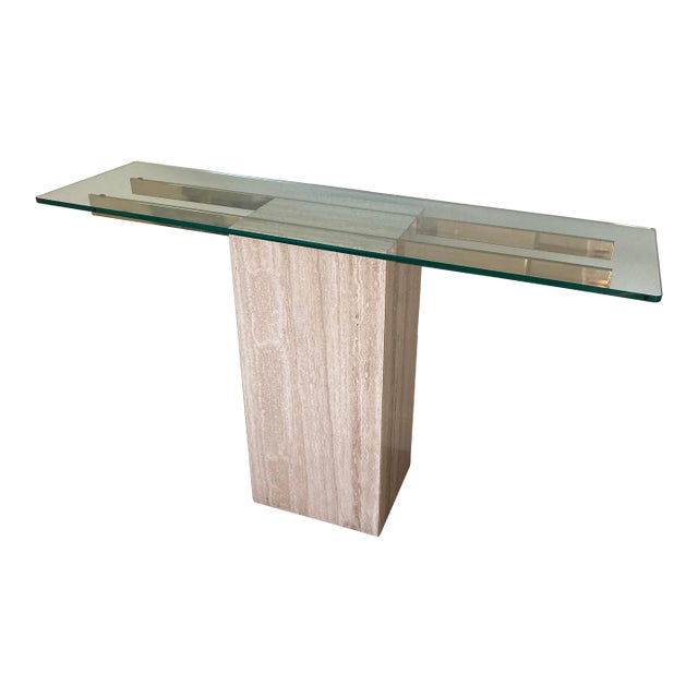 1970's Italian Travertine Pedestal Base and Glass Top Console For Sale