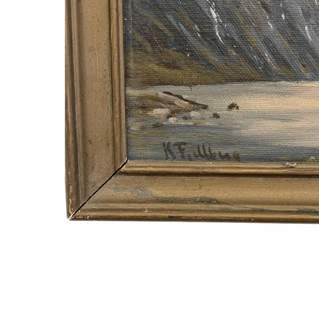 Vintage Signed K. Fjeilberg Mountain Landscape Painting With Sailboats in Gilt Wood Frame Possibly 1930s Norway. For Sale In Seattle - Image 6 of 10