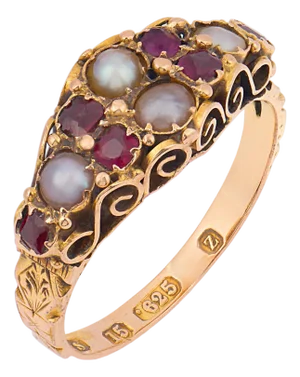 Late 19th Century Victorian British Garnet Seed Pearl 15k Rose Gold Ring, Size 5.75
