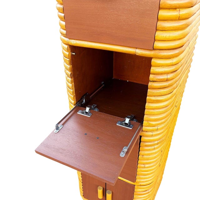 Yellow 1970s Restored Paul Frankl Style Stacked Rattan & Mahogany Cabinet W/ Drawers For Sale - Image 8 of 10