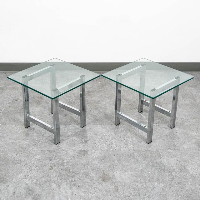 Chrome Mid Century Modern End Tables Chrome Glass Square Side Tables Vintage Pair MCM For Sale - Image 8 of 11