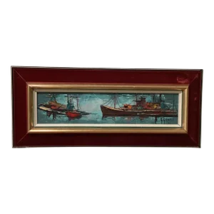 Mid Century Painting on Canvas by Georges Genele Boats Brittany Harbor Circa 1960s, Framed