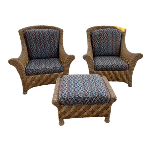1980s Vintage Set of Palecek Woven Wicker Lounge Chair & Ottoman - 3 Pieces