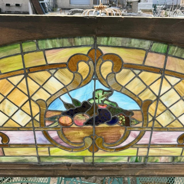 Antique Art Nouveau Colored Stained Glass Fruit 27 X 75 Arched Transom Window, B For Sale - Image 12 of 18