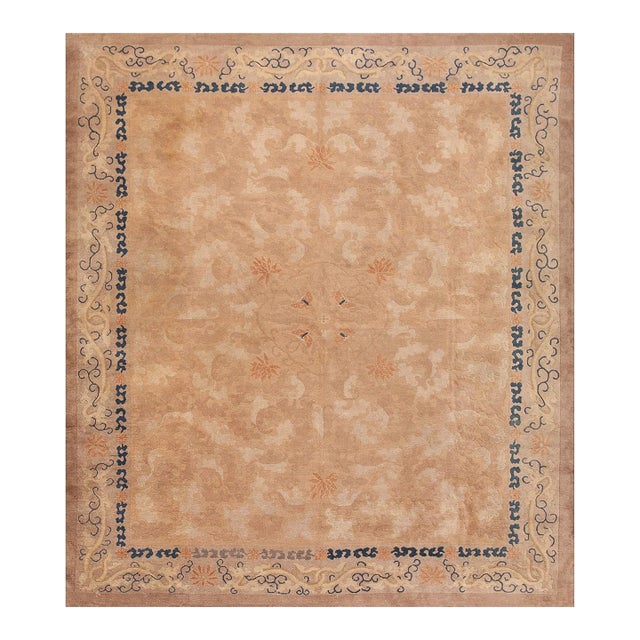 1920s Tan Camel Medallion Antique Chinese Peking Rug 8' 0" X 9' 8" Handknotted Wool Carpet For Sale