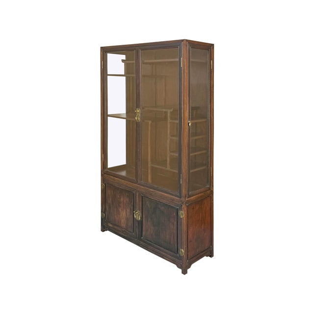 Asian Vintage Dark Brown Oriental Treasure Glass Doors Display Curio Stack Cabinet For Sale - Image 3 of 13