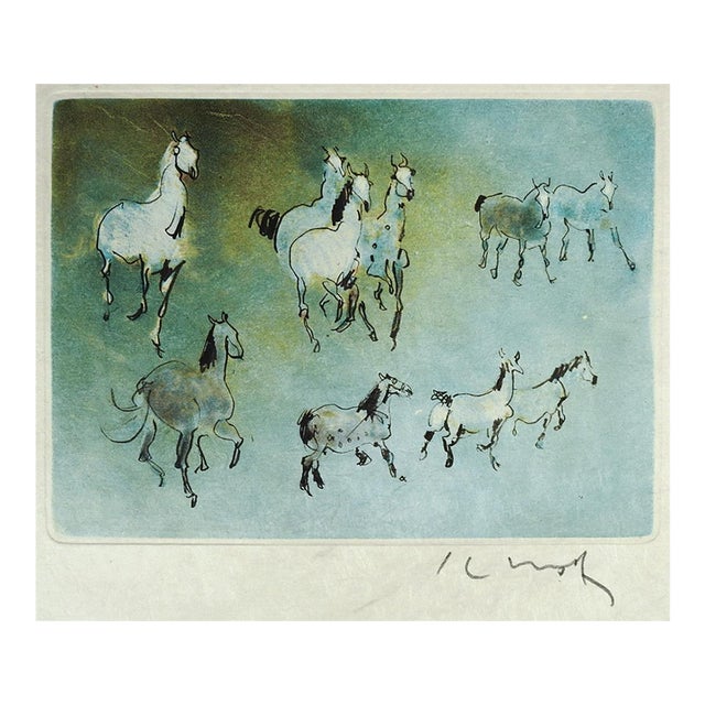 Late 20th Century Kaiko Moti Horses in Blue Aquatint Etching For Sale