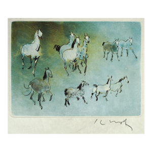 Late 20th Century Kaiko Moti Horses in Blue Aquatint Etching