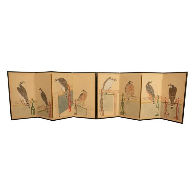 Japanese Pair Antique Japanese Edo Falcon Hawk Birds of Prey Takagari Screens 1880 For Sale - Image 3 of 18