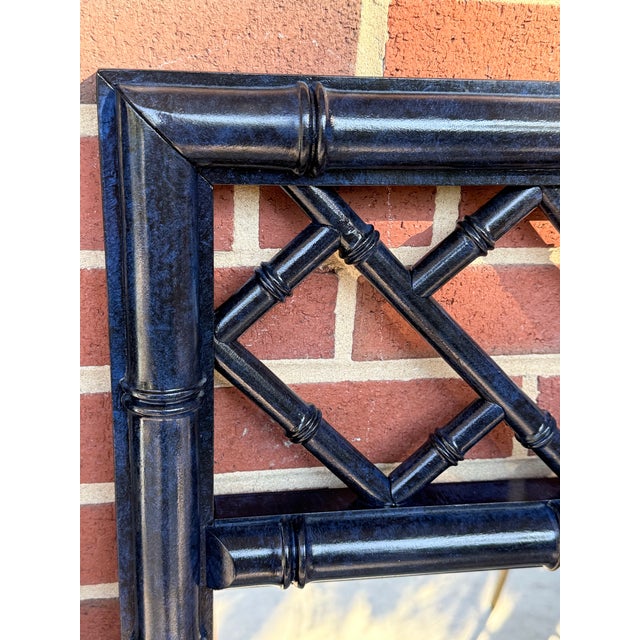 Ink Blue Chic Vintage Grand Pair of Dixie Aloha Faux Bamboo Mirrors in Bespoke Turtle and Crane Lapis Finish - A Statement Piece - Newly Painted For Sale - Image 8 of 10