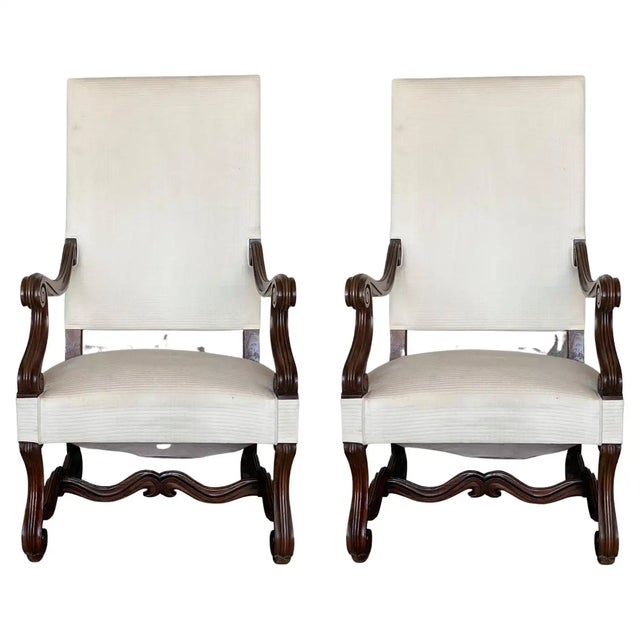 Louis Xvi Style Spanish Pair of Carved Walnut Armchairs, 1900s For Sale - Image 12 of 12