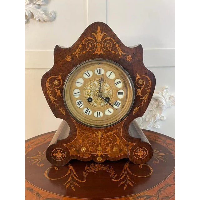 Antique 19th Century French Rosewood Marquetry Inlaid Eight Day Mantel Clock For Sale - Image 12 of 12