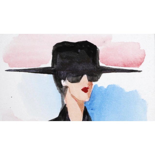 Modern Woman With Hat, Erik Freyman Watercolor on Paper, Signed in Pen For Sale - Image 3 of 4