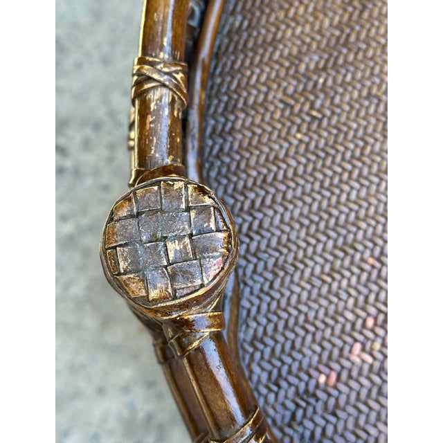 Three Tier Dark Rattan Bamboo and Leather Rolling Bar Cart For Sale - Image 12 of 12