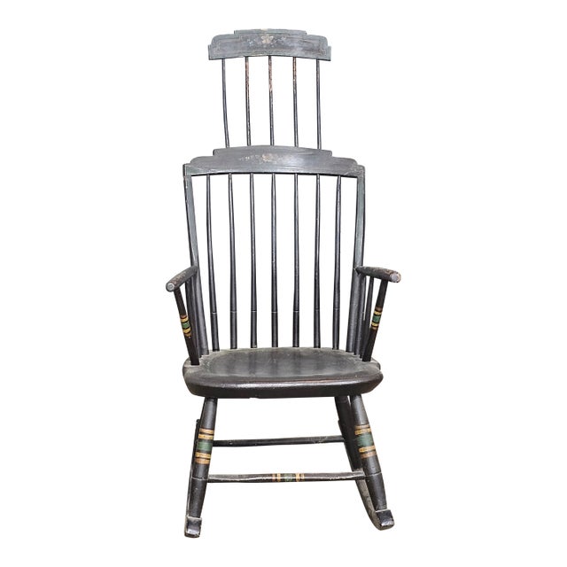 Antique Windsor Hitchcock Style Rocking Arm Chair Black Finish Bench Made For Sale