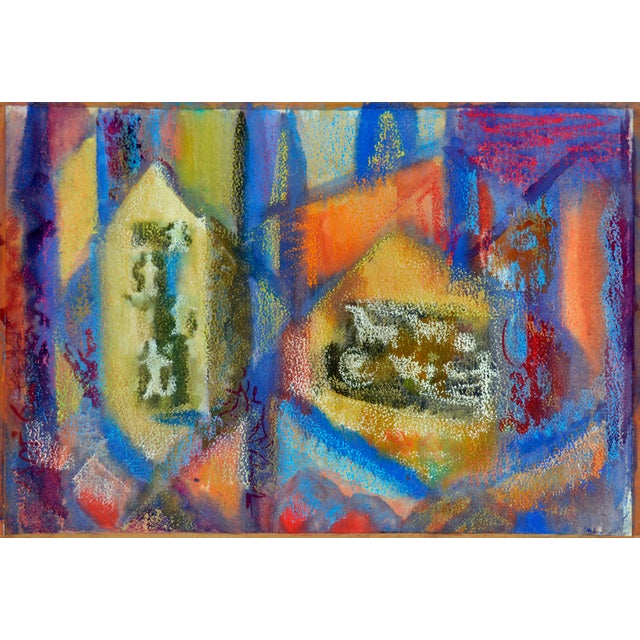 Dynamic, mid century multi colored abstract by Erle Loran (American, 1905-1999). Depicts a group of hunters and their...