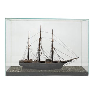 Antique Three-Masted Schooner Ship Model in Glass Case For Sale