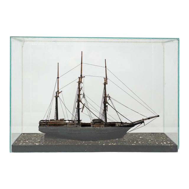Antique Three-Masted Schooner Ship Model in Glass Case For Sale