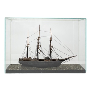 Antique Three-Masted Schooner Ship Model in Glass Case