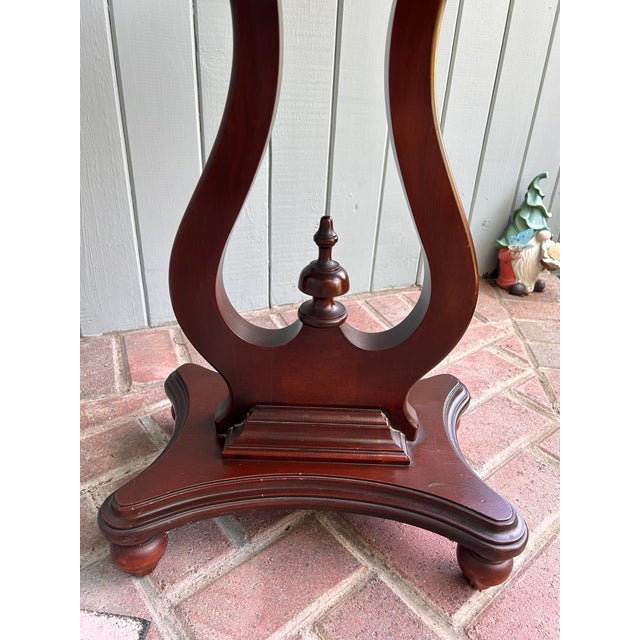 Wood Vintage Lyre Base End Tables - Pair of Carved Mahogany Tone Harp Side Tables For Sale - Image 7 of 11
