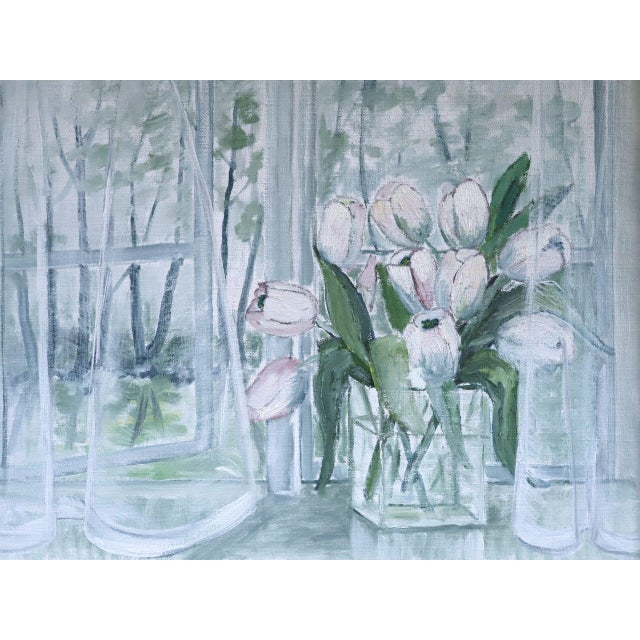 Mid-Century Modern 'Morning Light With Tulips' Vintage Original Swedish Interior Still Life Oil Painting, Framed For Sale - Image 9 of 10