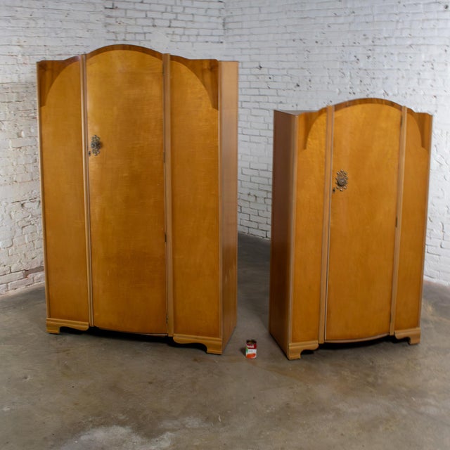 Pair of Early to Mid-20th Century Vintage English Art Deco Style Wardrobes Burled Maple & Walnut Frames For Sale - Image 18 of 18