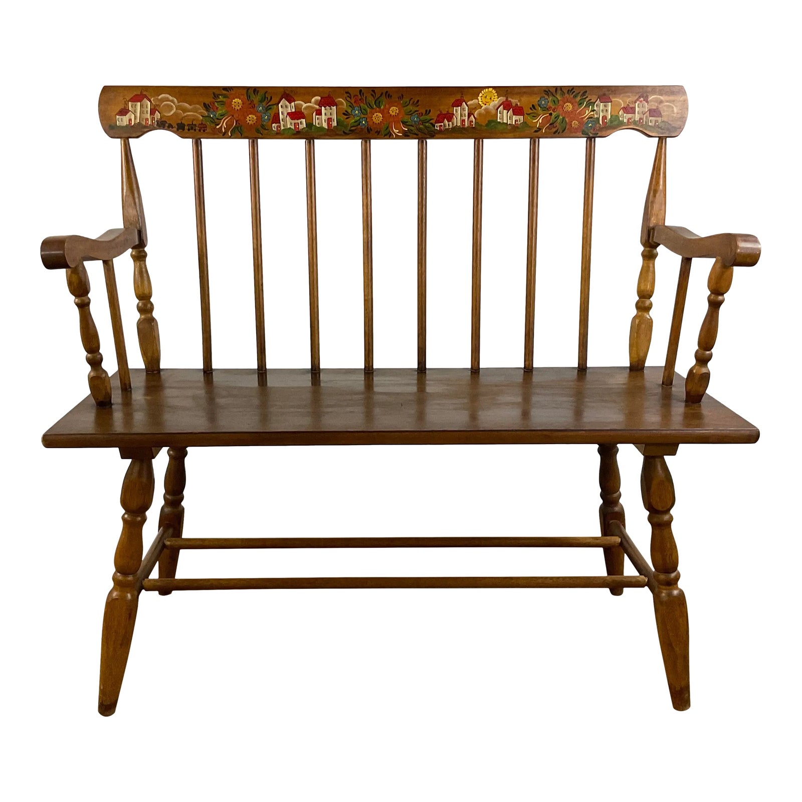 1970s Vintage Arts & Crafts Windsor Spindle Back Pine Bench